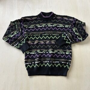 Vintage Generra Sweater Mens Medium Black Retro Geometric Mock Neck Hong Kong